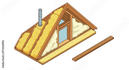 Attic roof insulation process with wooden framework and chimney pipe