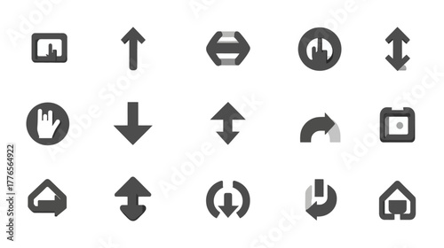 Collection of Various Dark Gray Arrows and Icons on White Background.