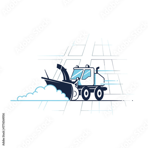 Minimalist snow blower clearing snow on grid street illustration  