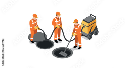 Isometric sewer maintenance crew with equipment in action