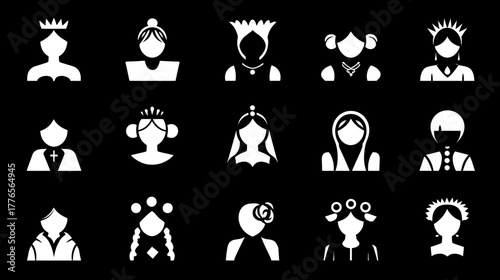 Collection of various female icons representing different hairstyles and accessories.