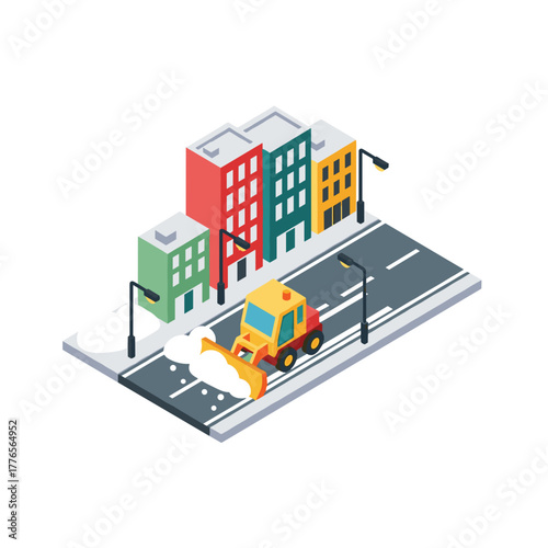 Isometric city street with snowplow clearing the roadway in winter  