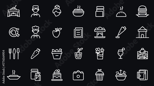 Collection of various food and restaurant related line icons on a dark background.