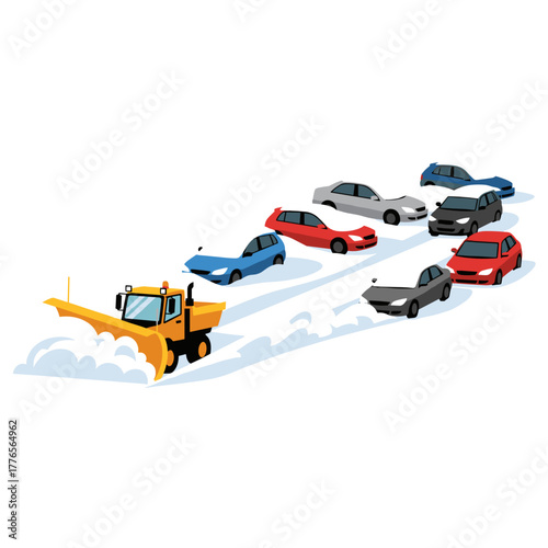 Snow plow clearing a path around parked cars in winter scene  