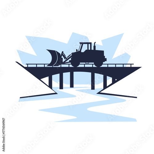 Plow tractor clearing snow on bridge above frozen river  