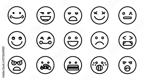 Collection of various outlined emoji faces expressing different emotions and feelings.