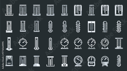 Collection of various measuring instruments and architectural elements icons.