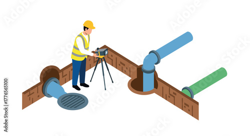 Surveyor examining sewer system in isometric industrial construction scene