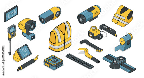 Isometric surveying equipment set featuring safety gear and modern technology