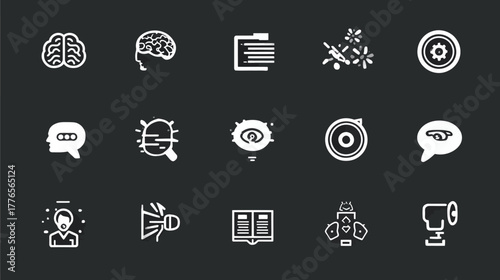 Collection of White Icons Representing Brain, Document, Settings, Chat, Search, and Other Concepts on a Dark Background.