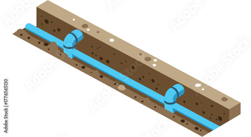 Isometric underground water pipe system in soil cross section