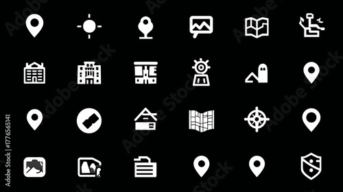 Collection of white map and location icons on a black background.