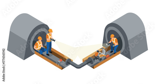 Engineers working inside tunnel isometric construction scene with workers and equipment