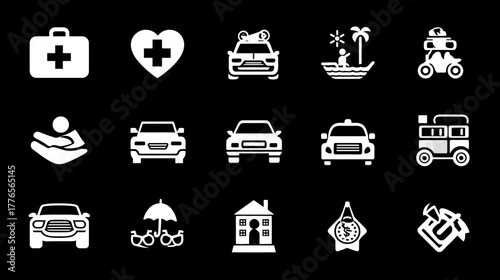 Collection of White Icons Representing Various Services and Concepts.