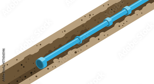Underground pipeline installation in cross section view with blue pipe in trench