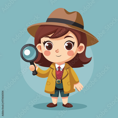 Cartoon Girl Detective with Magnifying Glass