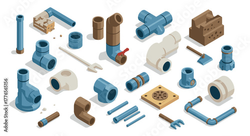 Isometric plumbing components diverse pipes, valves, fittings, and tools in 3d style