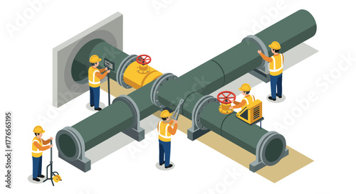 Engineers conducting maintenance on industrial pipelines in isometric style