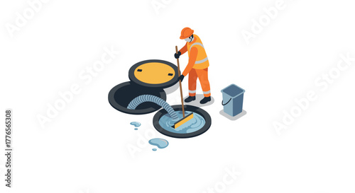 Worker cleaning sewer safety, maintenance, and infrastructure in isometric style