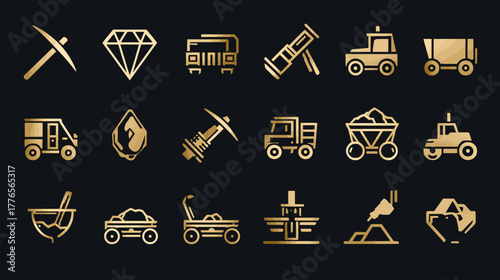 Golden Mining and Mineral Extraction Industry Icon Set.