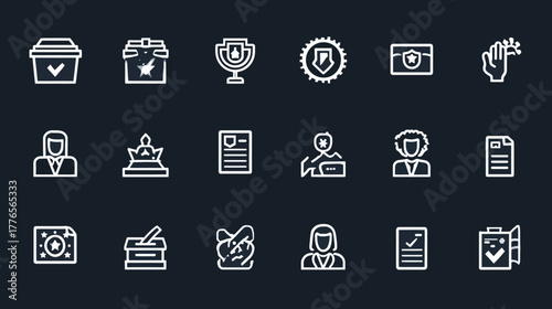 Hand Drawn Election and Voting Line Icon Set on Dark Background.