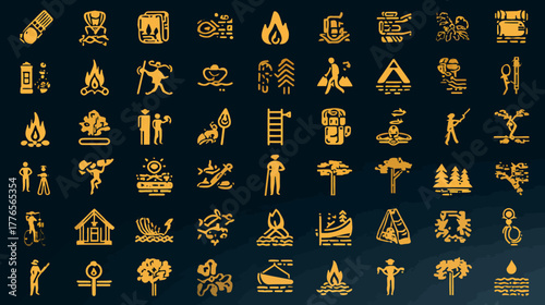 Golden Icon Set Depicting Various Outdoor Activities and Elements.