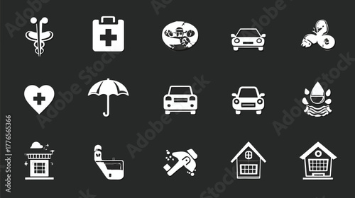 Insurance Icon Set - Healthcare, Auto, Home, and Life Coverage Symbols.