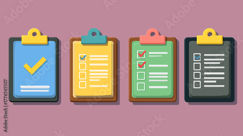 Set of four colorful clipboards with checklists and to do lists.