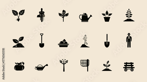 Set of minimalist vector icons for agriculture and horticulture.