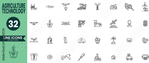 Agriculture Technology Line Icons Set – 32 Smart Farming and AgriTech Outline Vector Illustrations