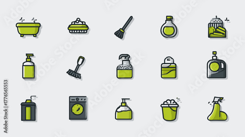 Vector Icon Set of Cleaning Supplies and Household Equipment.