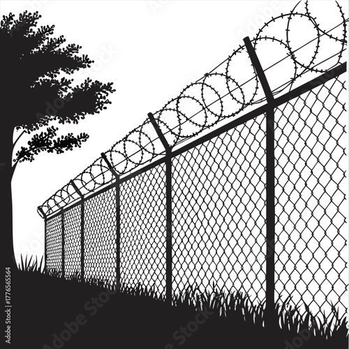 A black and white illustration of a chain link fence topped with barbed wire on a white background