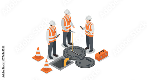 Isometric utility workers checking underground systems at worksite