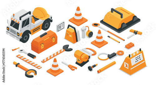 Construction tools and safety equipment isometric set with orange and white color scheme