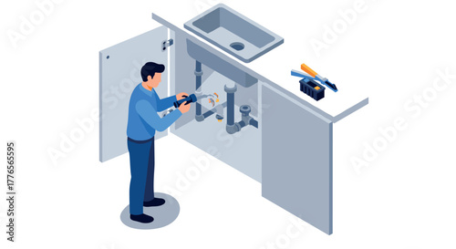 Isometric plumbing repair worker fixing kitchen pipes with tools
