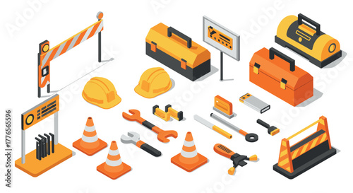 Isometric construction tools and safety equipment set in orange and yellow