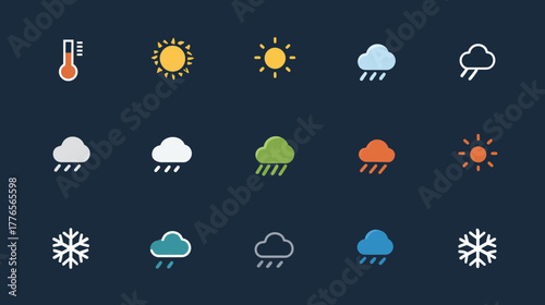 Weather Icons Set - Temperature, Sun, Clouds, Rain, and Snow.