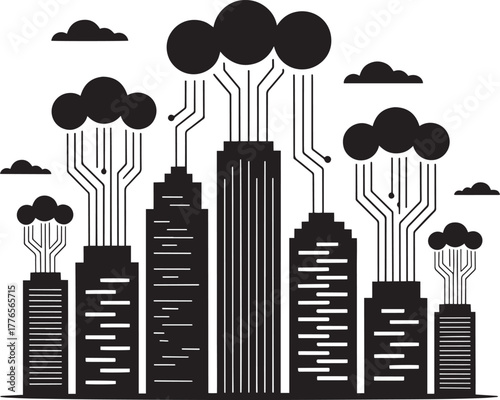 Cityscape connected to clouds with digital network lines vector illustration