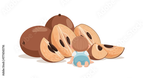 A Baby Gazing At Sapodilla Fruits, Depicting Exploration And Natural Curiosity