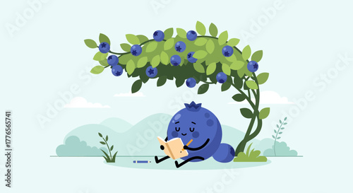A Blueberry Character Reading Under A Tree On A Sunny Day With Nature's Landscape