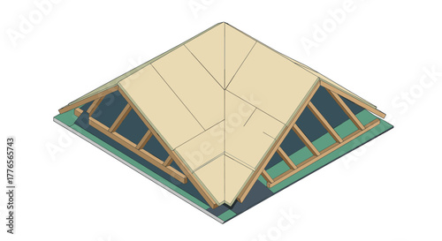 Isometric roof construction modern wooden structure design with beams and rafters