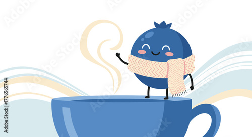 A Blueberry Character Enjoying a Hot Drink on a Cozy Day with a Knitted Scarf
