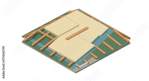 Isometric view of a wooden roof structure with insulation elements in detail