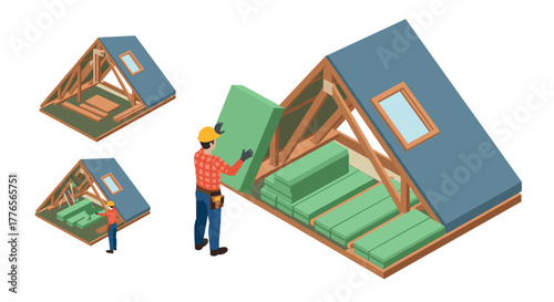 Construction worker installing insulation in modern aframe house cutaway diagram