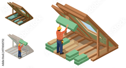 Attic insulation installation process in isometric style