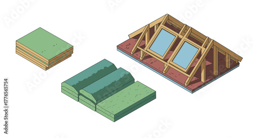 Isometric roof construction elements with insulation panels and timber framework