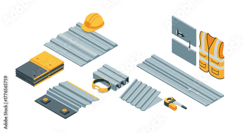 Isometric construction tools and materials set with safety gear and metal sheets