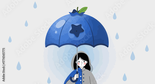 A Blueberry-Shaped Umbrella Shields a Young Person During a Gentle Rain Shower