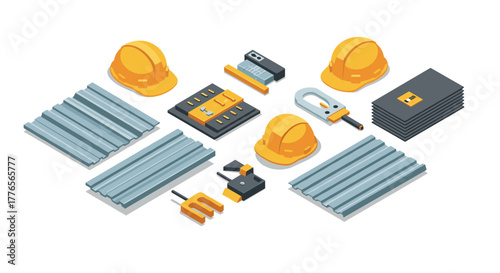 Construction equipment isometric set featuring helmets, panels, tools, and accessories