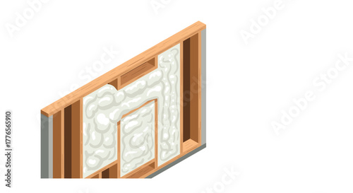 Isometric wall section with foam insulation in wooden frame construction design